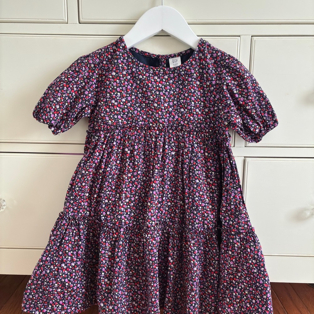 Baby Gap Purple & Navy Floral Puff-Sleeve Tiered Dress, 4T, Very Good Condition